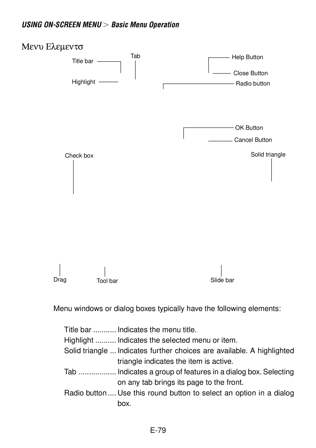 NEC LT260, LT240 user manual Menu Elements 