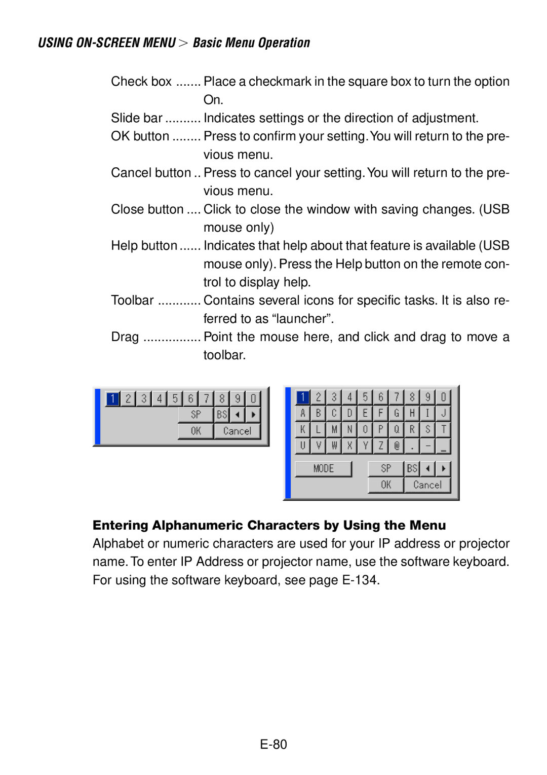 NEC LT240, LT260 user manual Entering Alphanumeric Characters by Using the Menu 