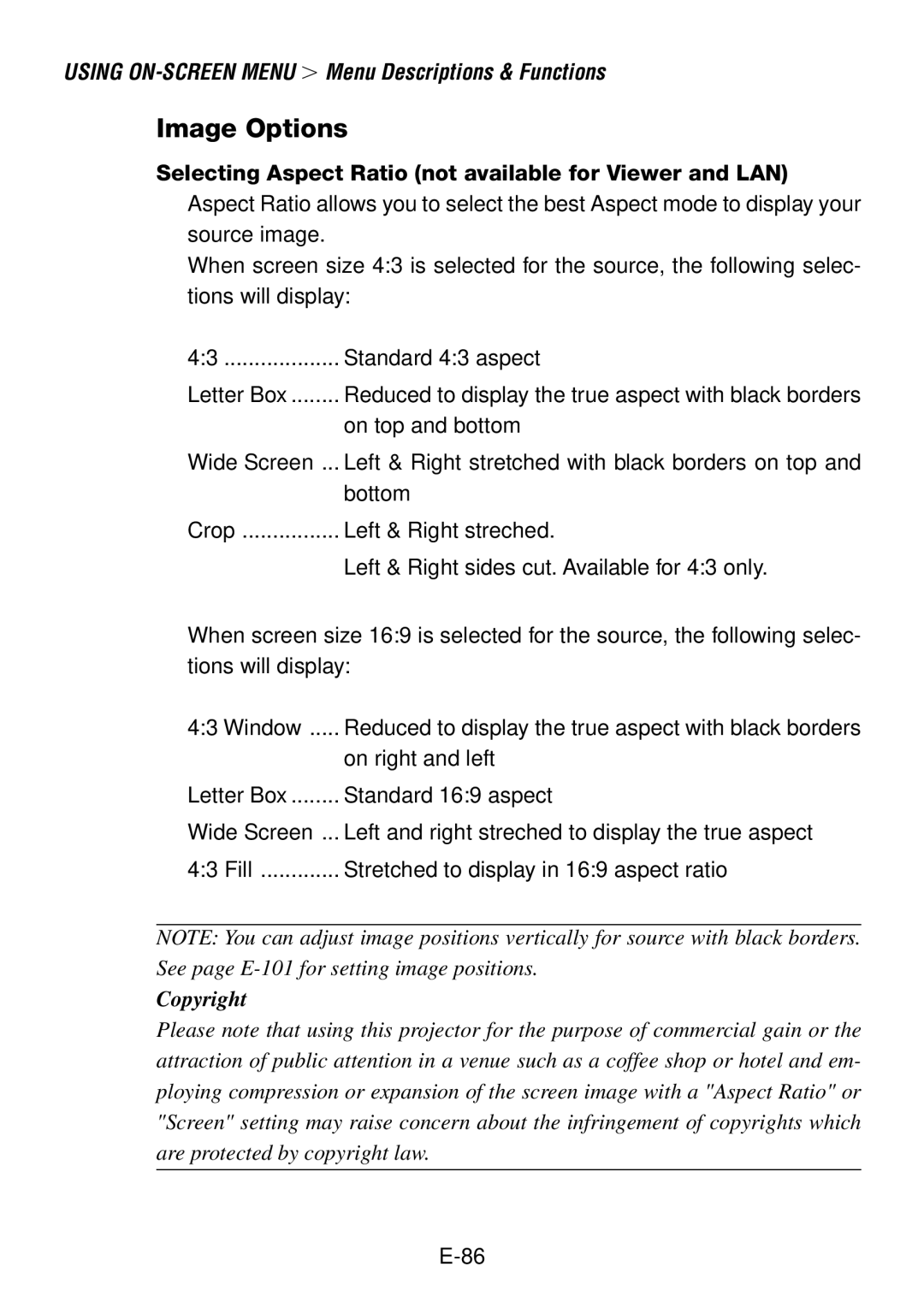 NEC LT240, LT260 user manual Image Options, Selecting Aspect Ratio not available for Viewer and LAN 