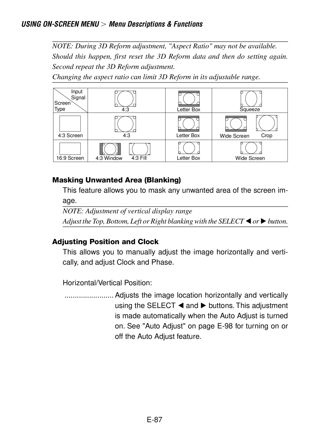 NEC LT260, LT240 user manual Masking Unwanted Area Blanking, Adjusting Position and Clock 