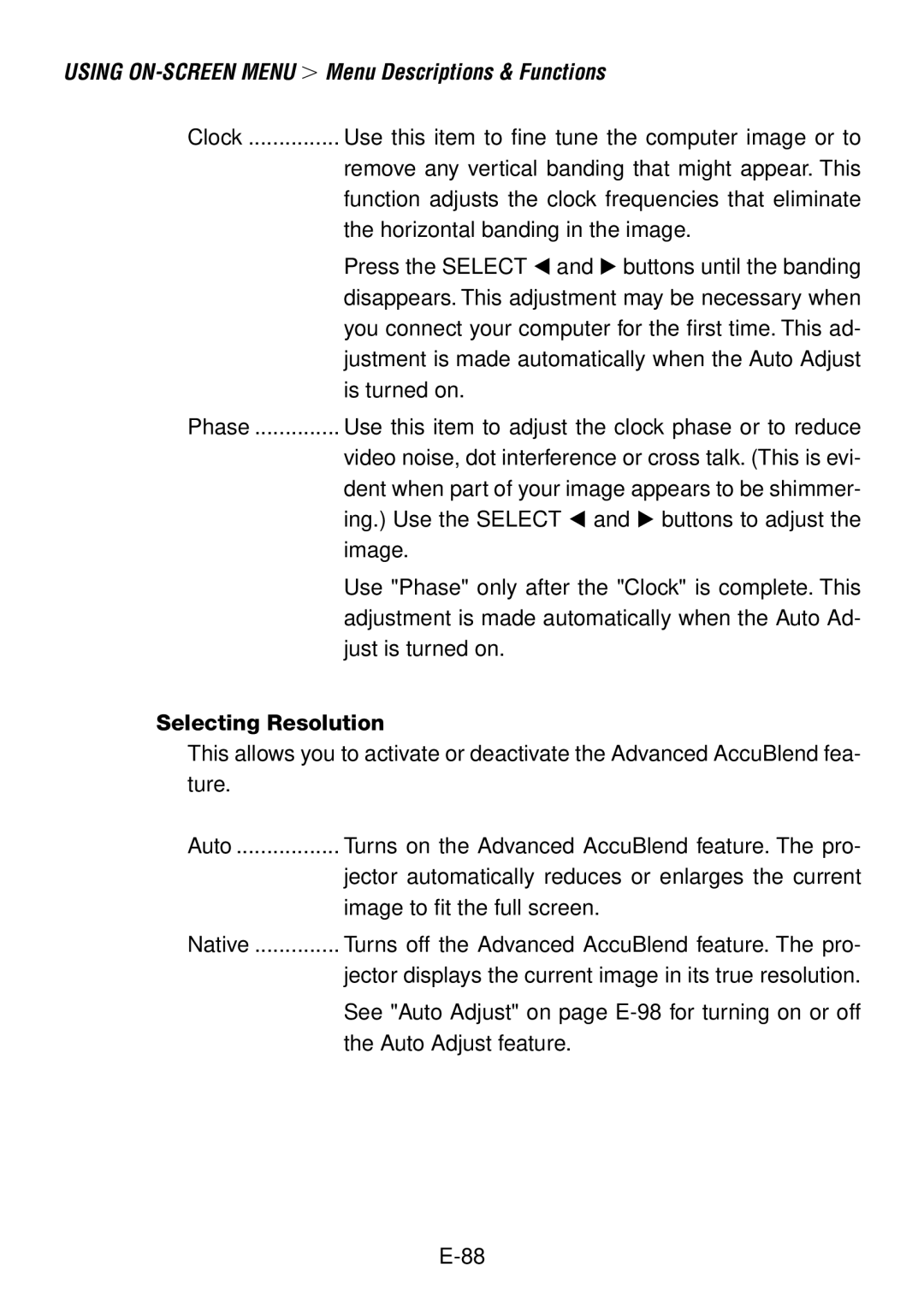 NEC LT240, LT260 user manual Selecting Resolution 