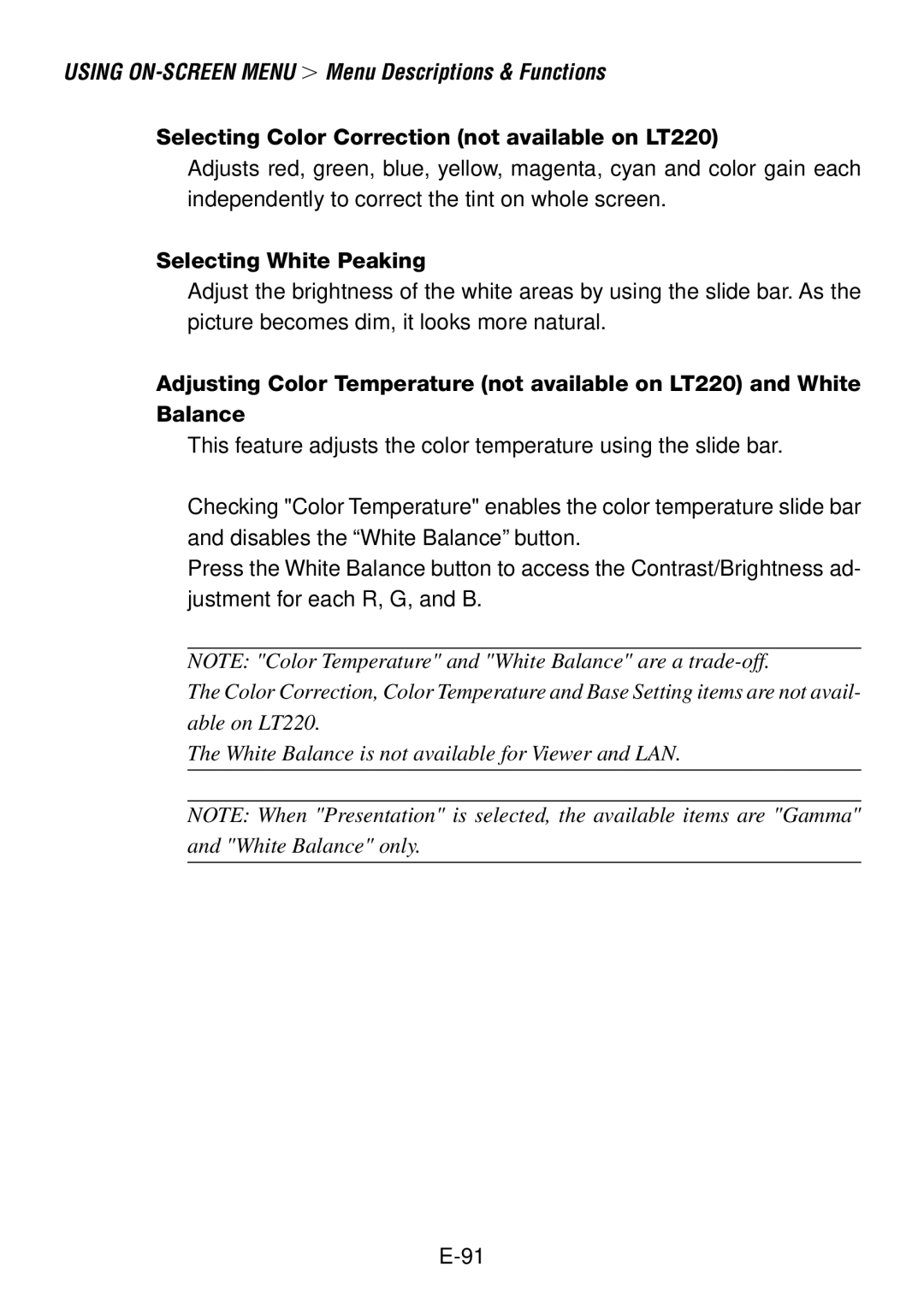 NEC LT260, LT240 user manual Selecting Color Correction not available on LT220, Selecting White Peaking 