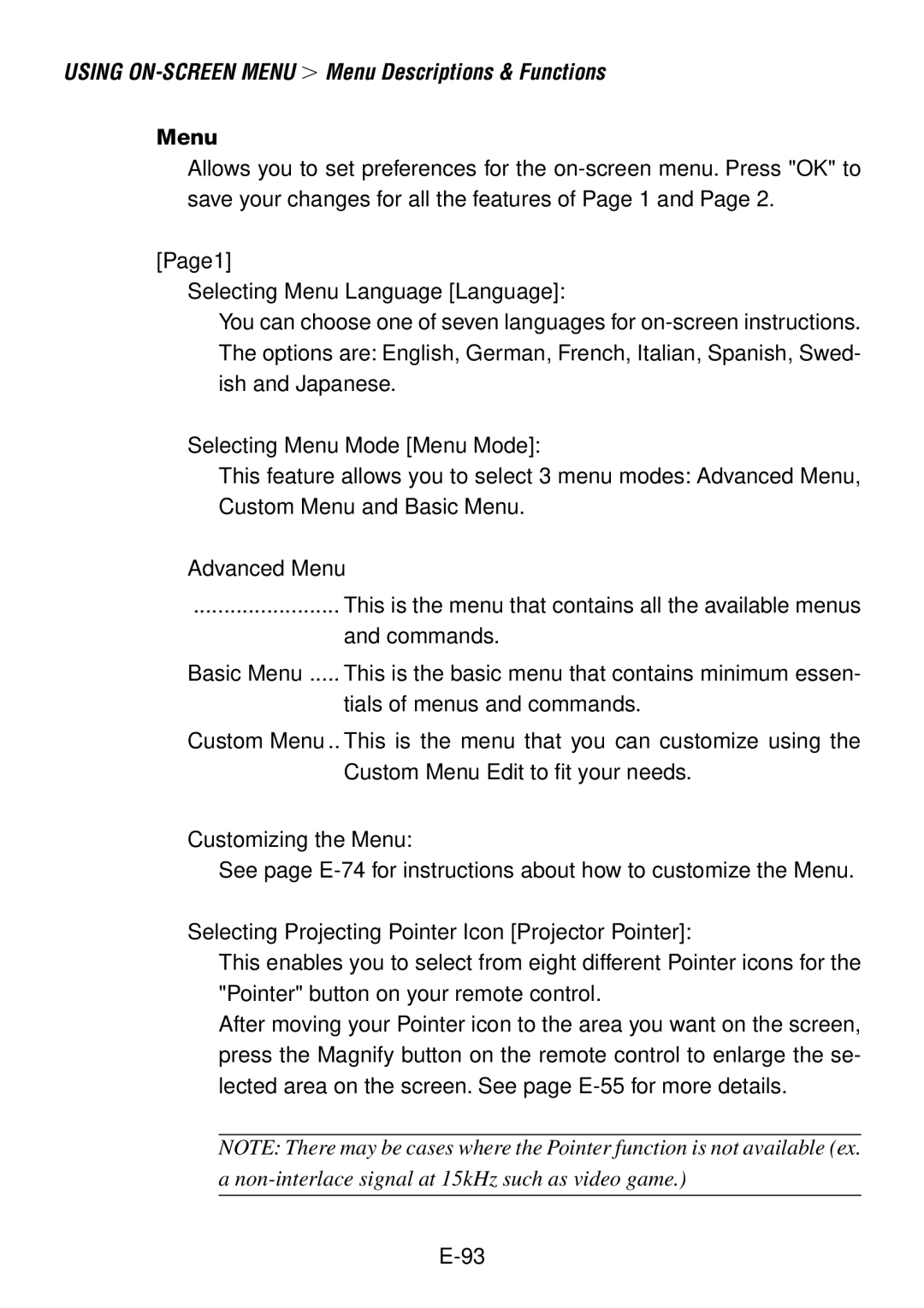 NEC LT260, LT240 user manual Menu 