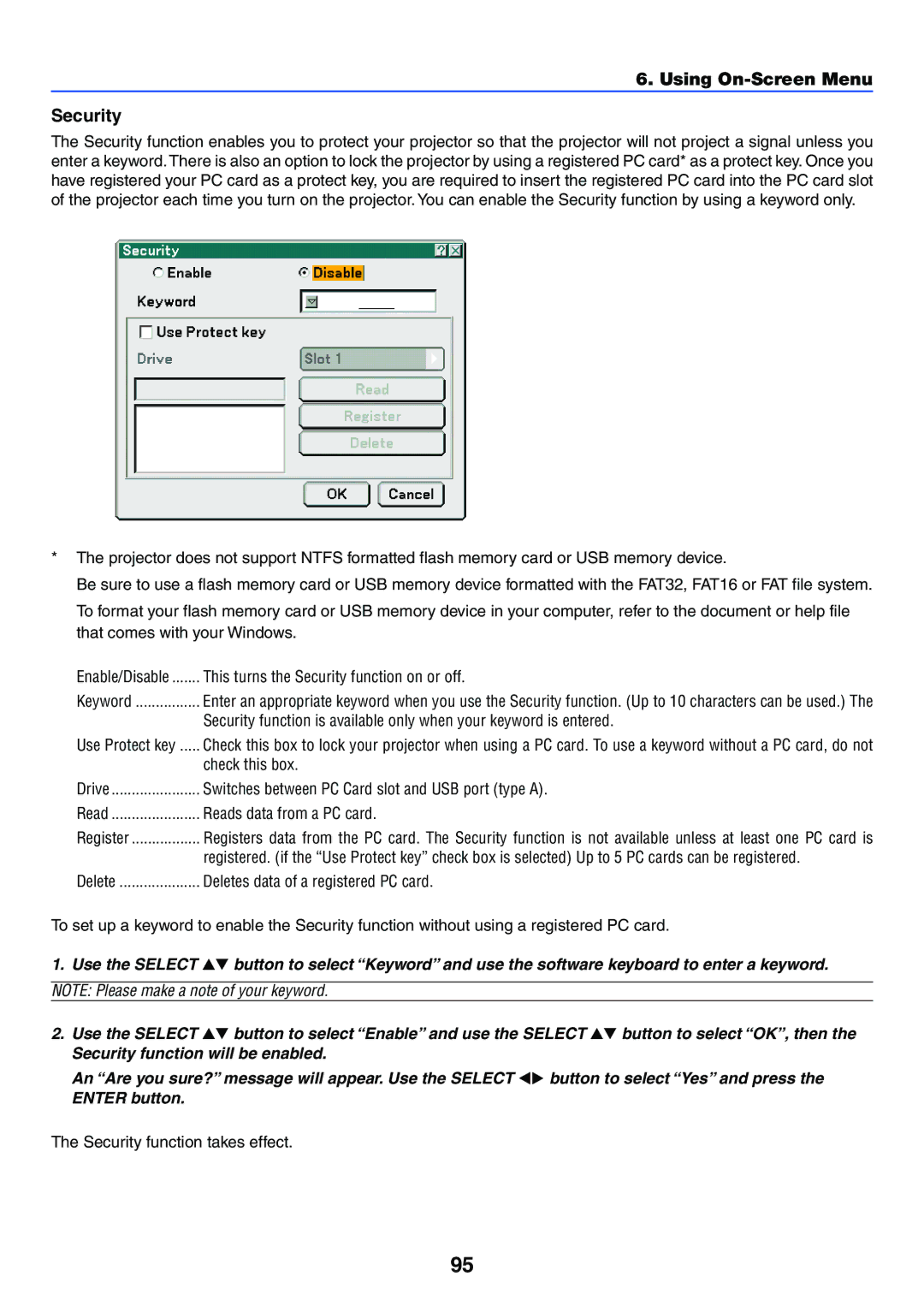 NEC LT265, LT245 manual Using On-Screen Menu Security 