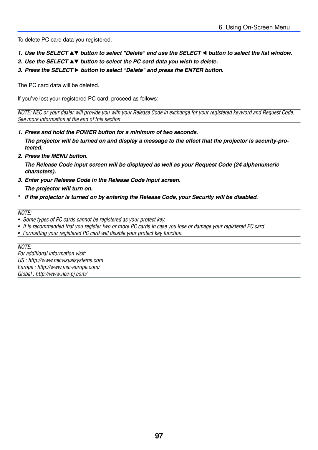 NEC LT265, LT245 manual To delete PC card data you registered 