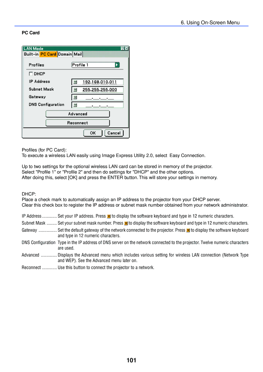 NEC LT265, LT245 101, PC Card, WEP. See the Advanced menu later on, Use this button to connect the projector to a network 