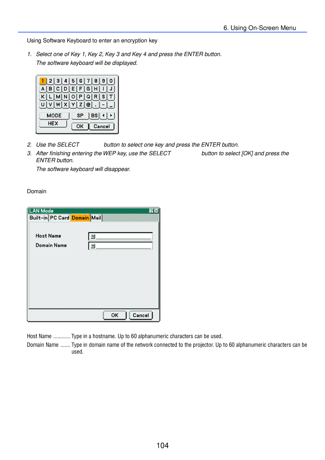 NEC LT245, LT265 manual 104, Using Software Keyboard to enter an encryption key, Domain, Used 