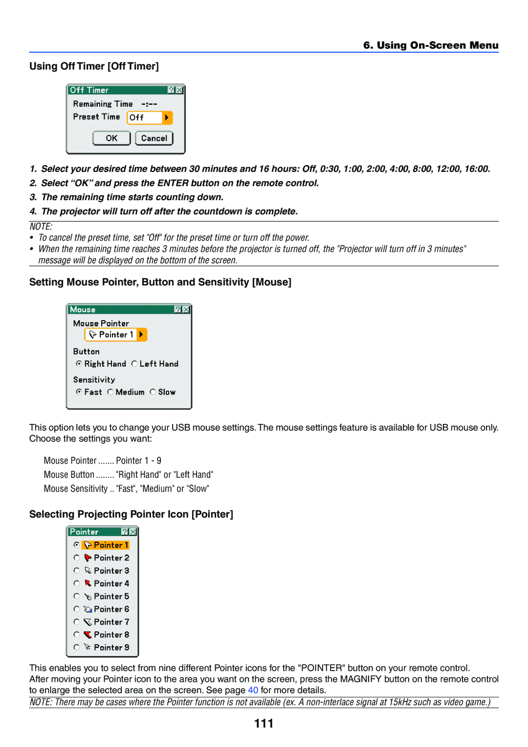 NEC LT265, LT245 111, Using On-Screen Menu Using Off Timer Off Timer, Setting Mouse Pointer, Button and Sensitivity Mouse 