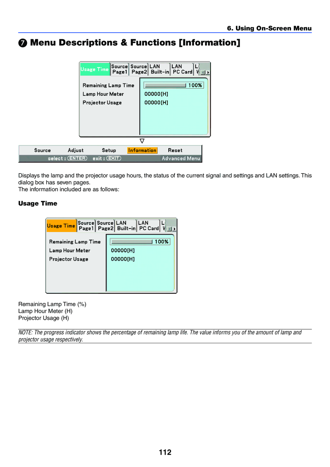 NEC LT245, LT265 manual Menu Descriptions & Functions Information, 112, Usage Time 