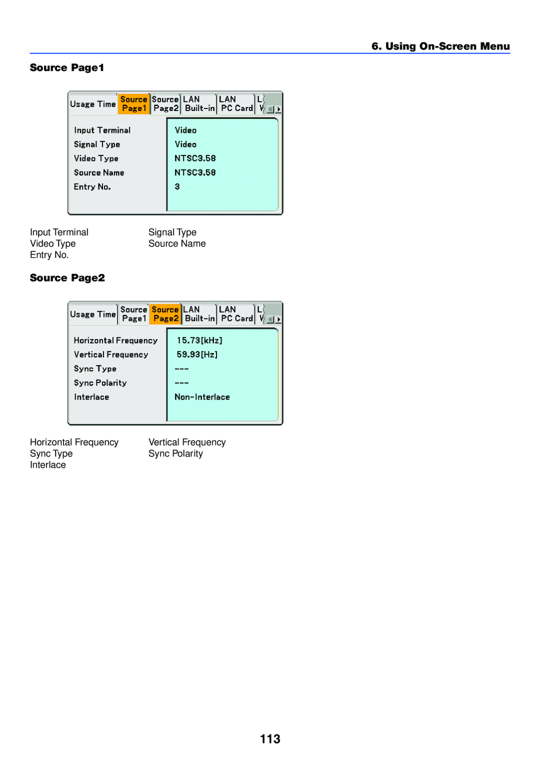 NEC LT265, LT245 manual 113, Using On-Screen Menu Source Page1, Source Page2 