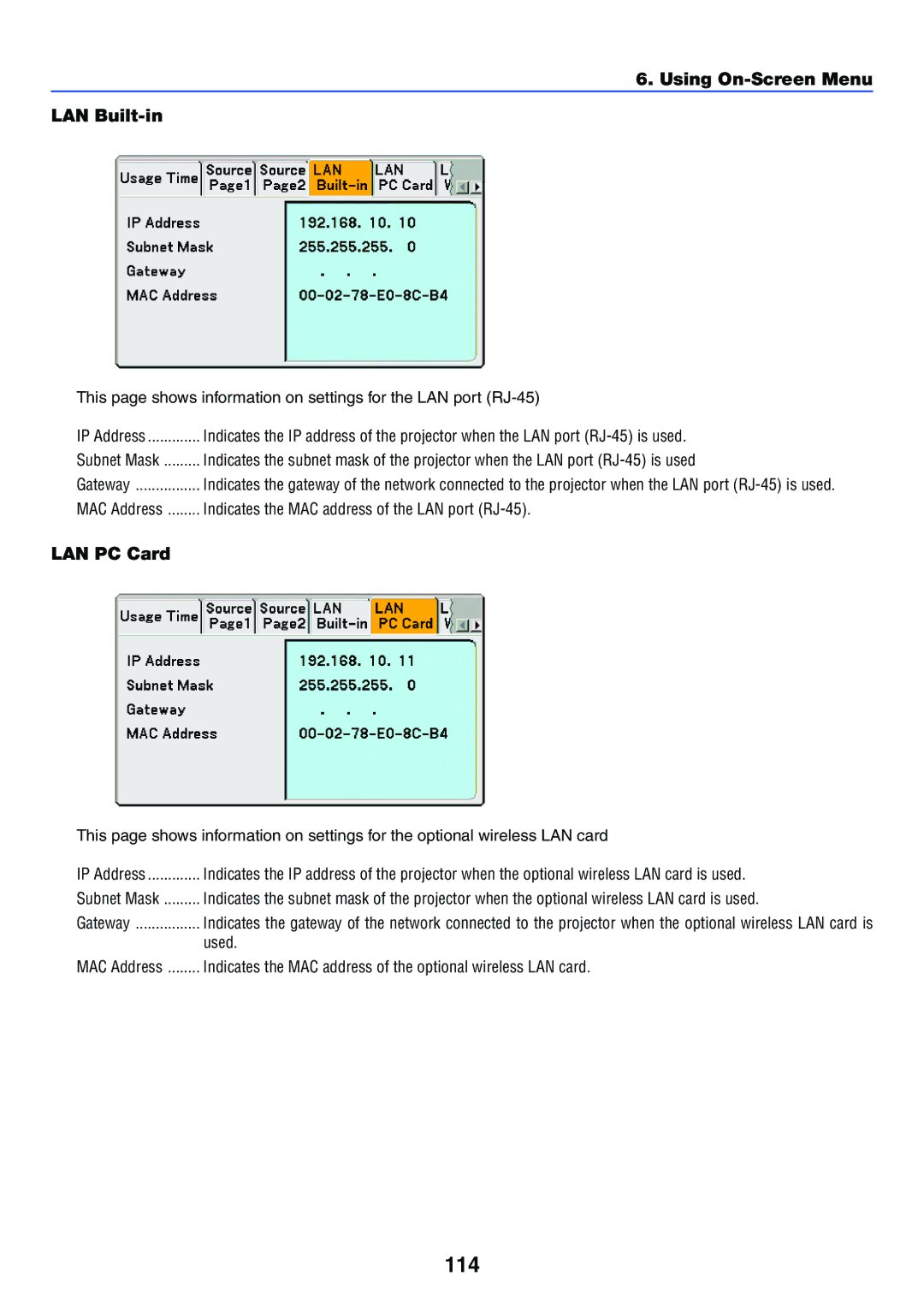 NEC LT245, LT265 manual 114, Using On-Screen Menu LAN Built-in, LAN PC Card, Indicates the MAC address of the LAN port RJ-45 