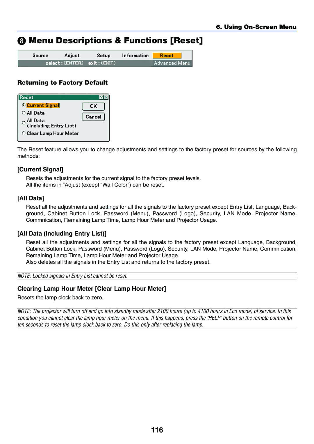 NEC LT245, LT265 manual Menu Descriptions & Functions Reset, 116 