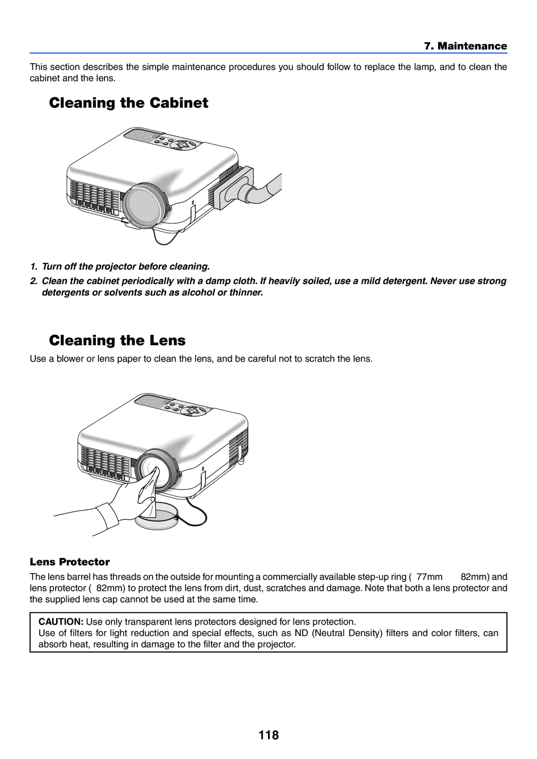 NEC LT245, LT265 manual Cleaning the Cabinet, Cleaning the Lens, 118, Maintenance, Lens Protector 