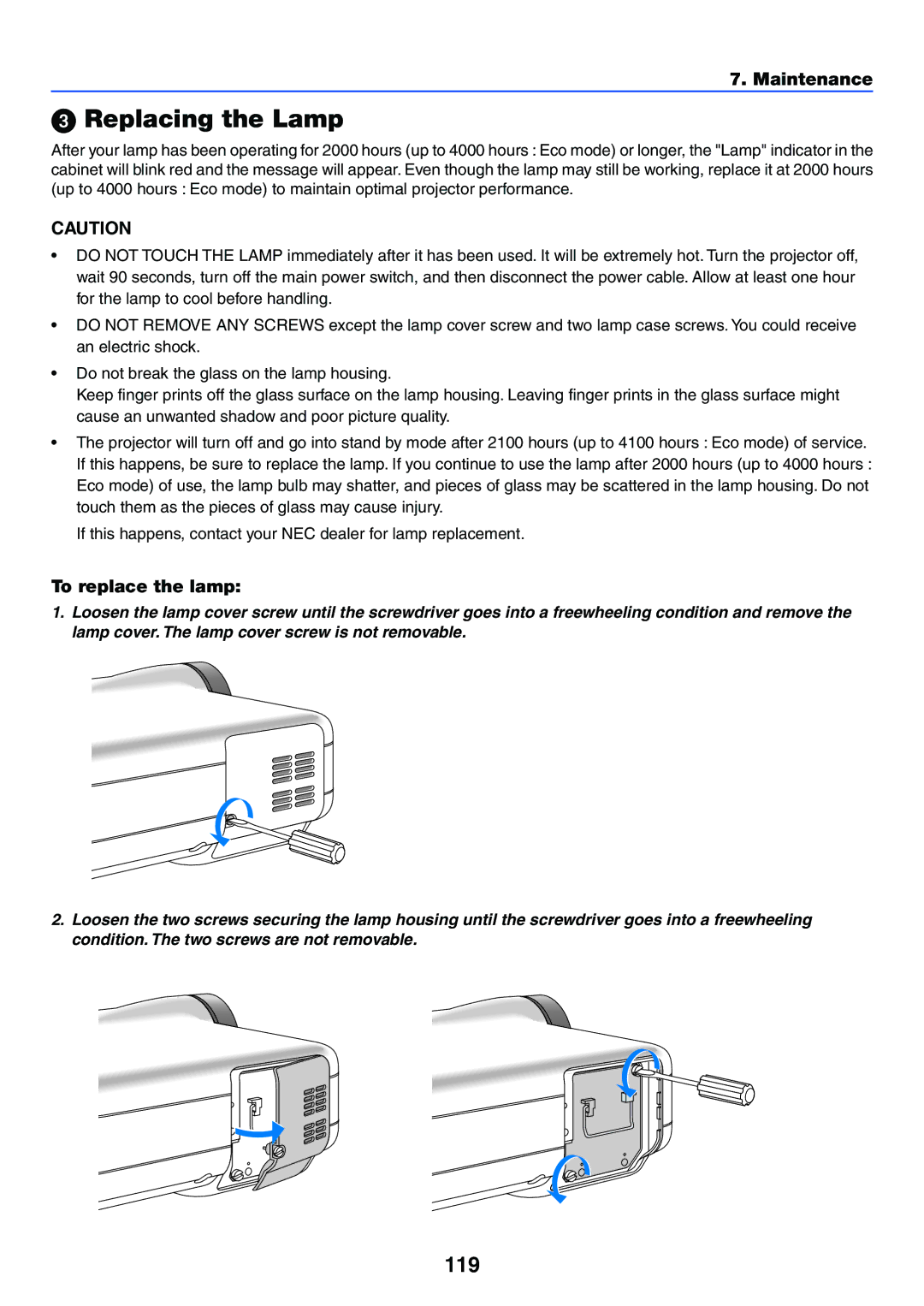 NEC LT265, LT245 manual Replacing the Lamp, 119, To replace the lamp 