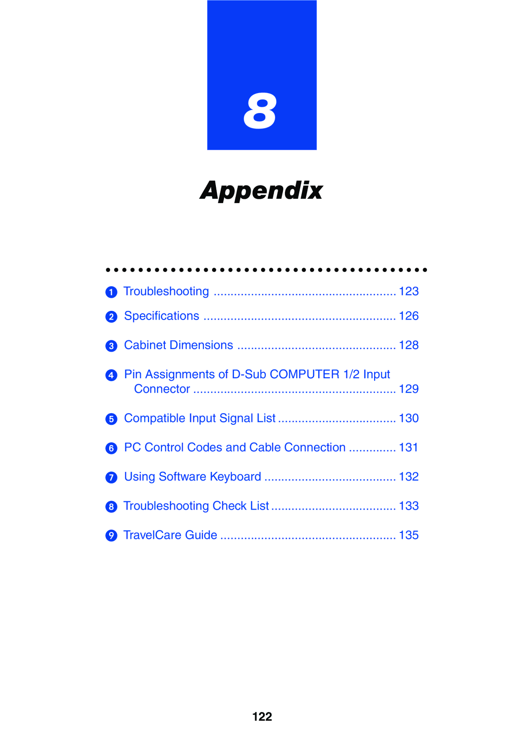 NEC LT245, LT265 manual Appendix, 122 