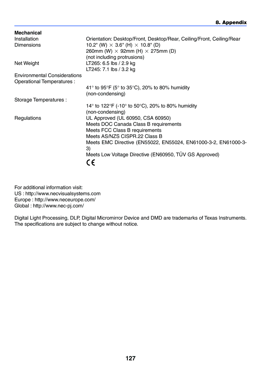 NEC LT265, LT245 manual 127, Mechanical 