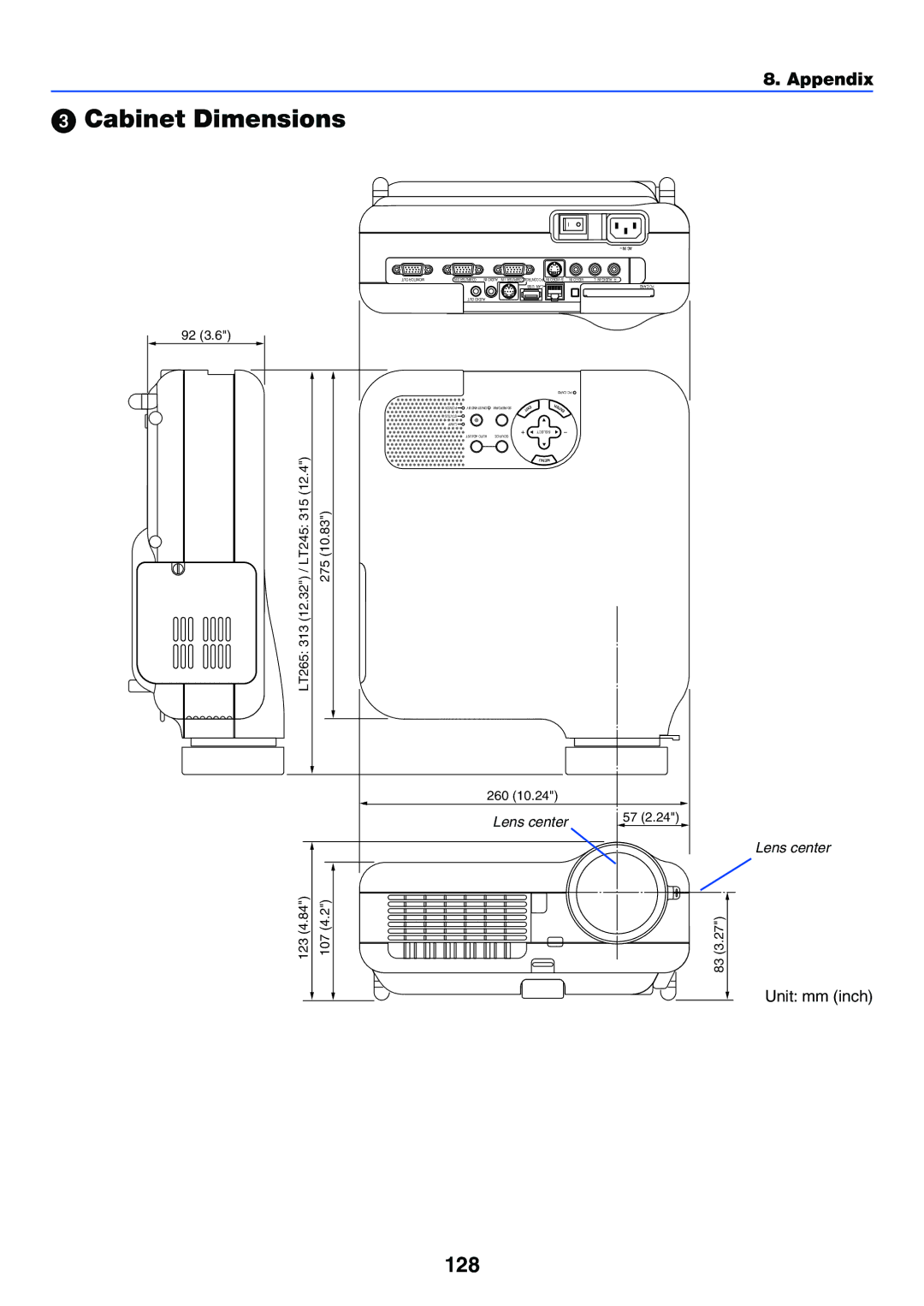 NEC LT245, LT265 manual Cabinet Dimensions, 128, Unit mm inch 