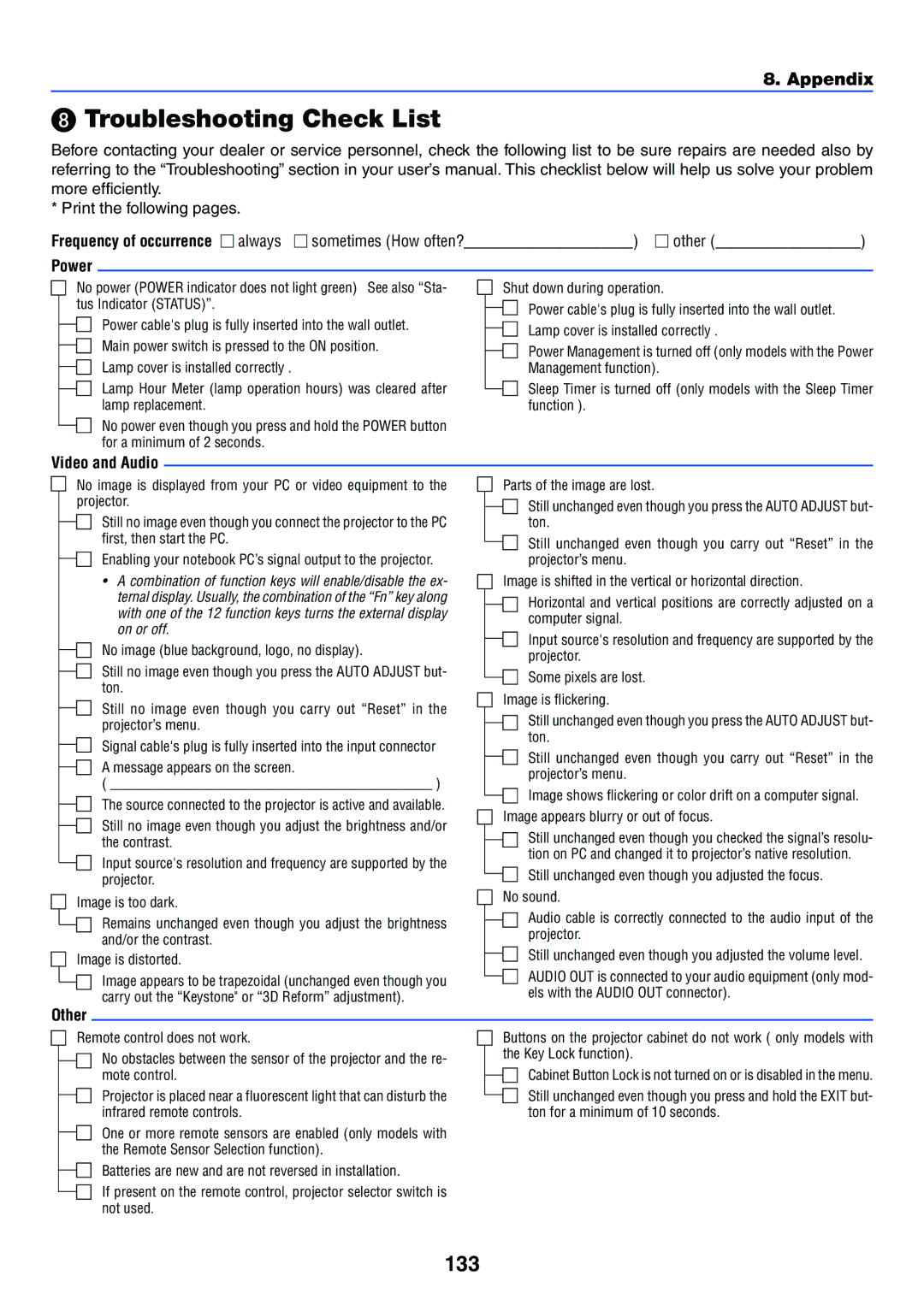 NEC LT265, LT245 manual Troubleshooting Check List, 133, Power, Video and Audio, Other 