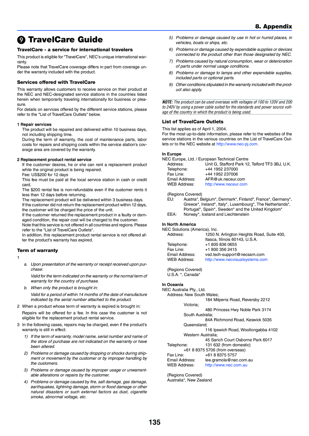 NEC LT265, LT245 manual TravelCare Guide, 135 