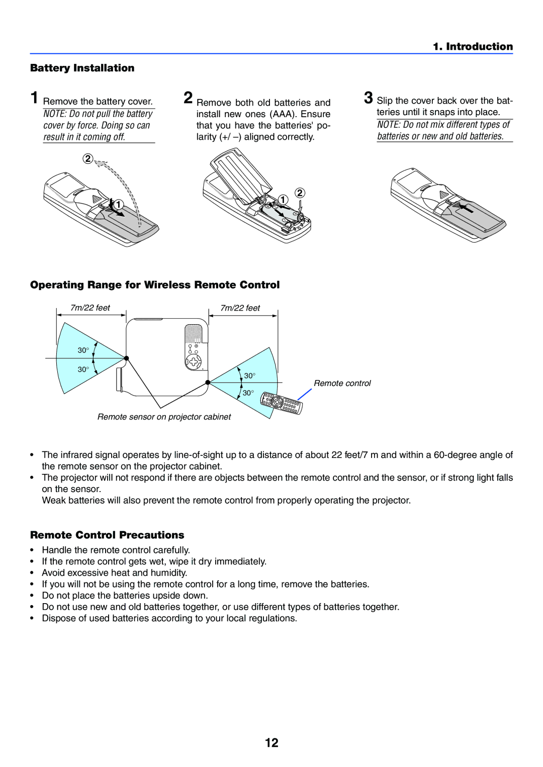 NEC LT245 manual Introduction Battery Installation, Operating Range for Wireless Remote Control, Remote Control Precautions 