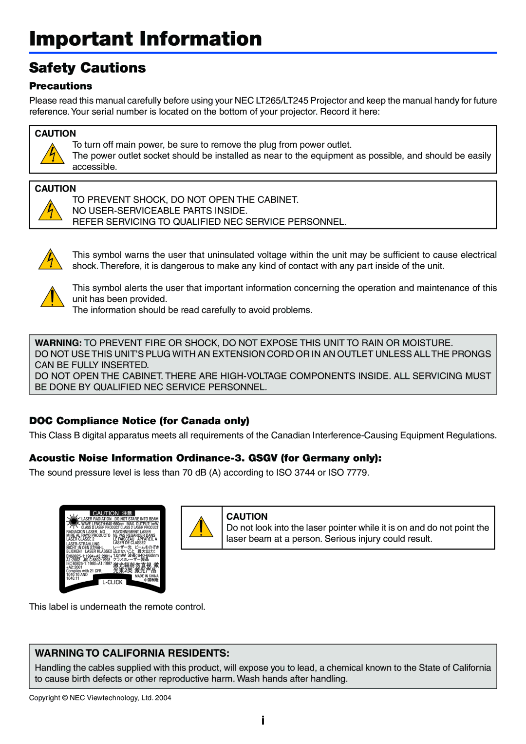 NEC LT265, LT245 manual Safety Cautions, Precautions, DOC Compliance Notice for Canada only 