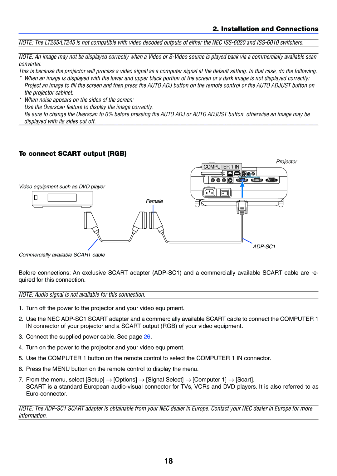 NEC LT245, LT265 manual To connect Scart output RGB, Video equipment such as DVD player 