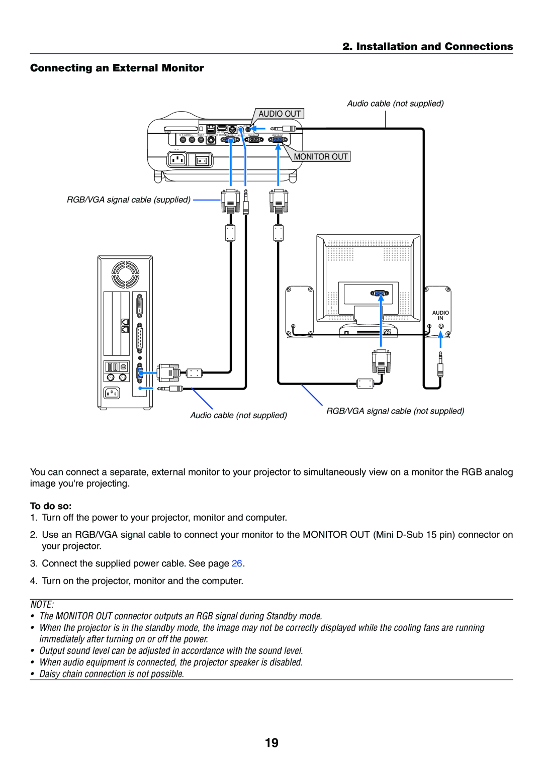 NEC LT265, LT245 manual Installation and Connections Connecting an External Monitor, To do so 