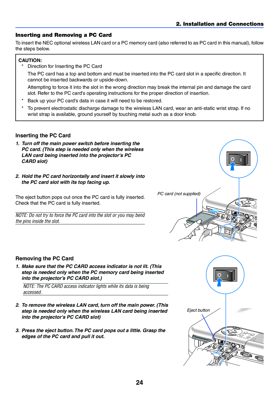 NEC LT245, LT265 manual Inserting the PC Card, Removing the PC Card 