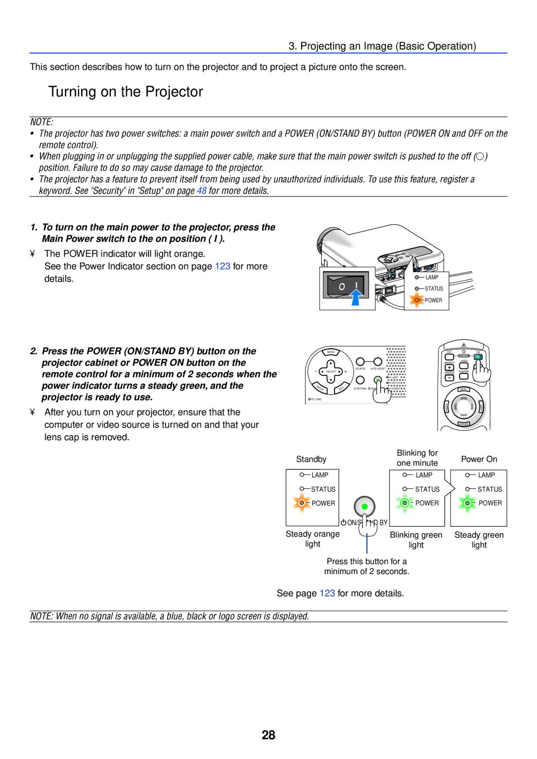 NEC LT245, LT265 manual Turning on the Projector, Projecting an Image Basic Operation, See page 123 for more details 