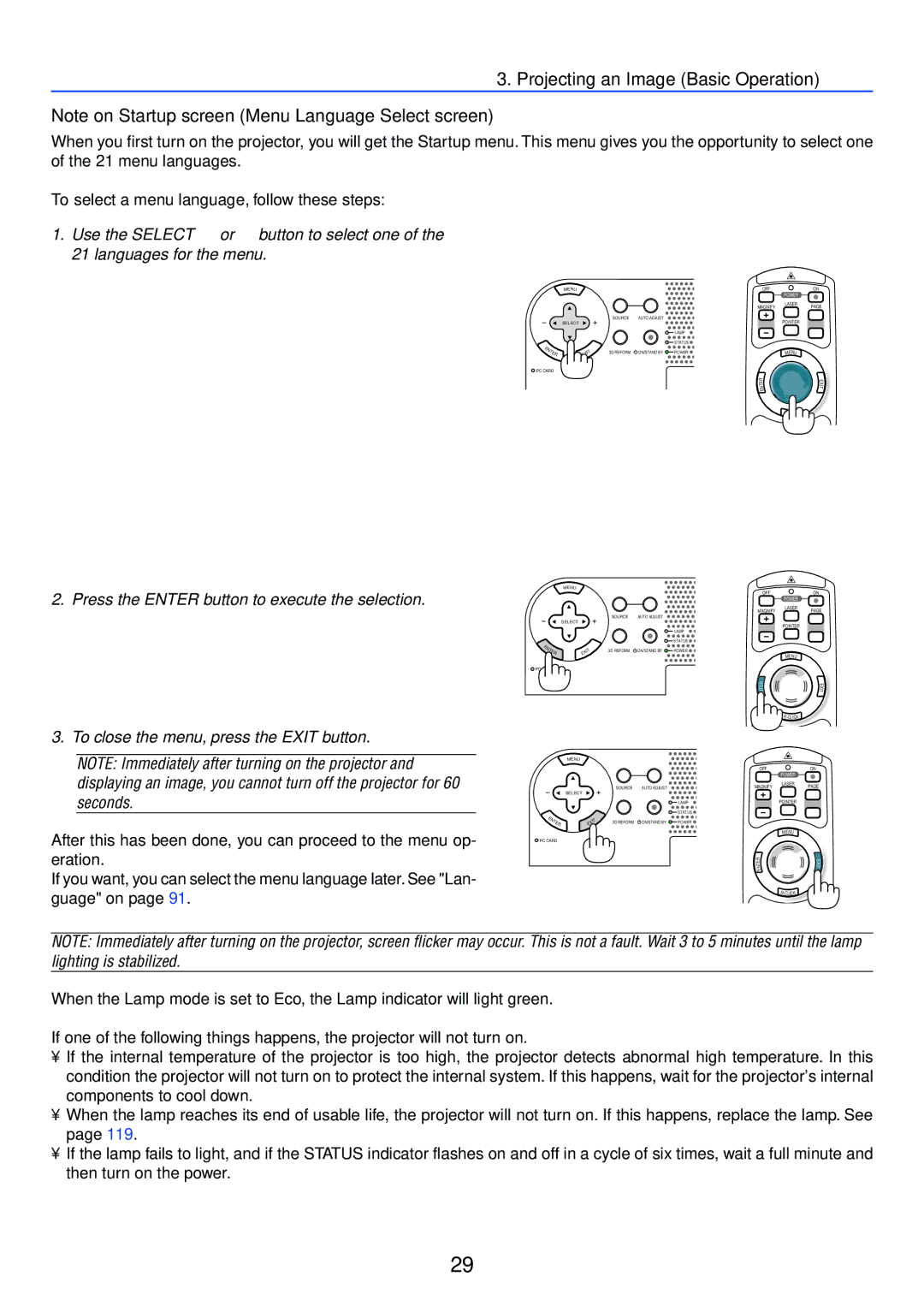 NEC LT265, LT245 manual To select a menu language, follow these steps, Press the Enter button to execute the selection 