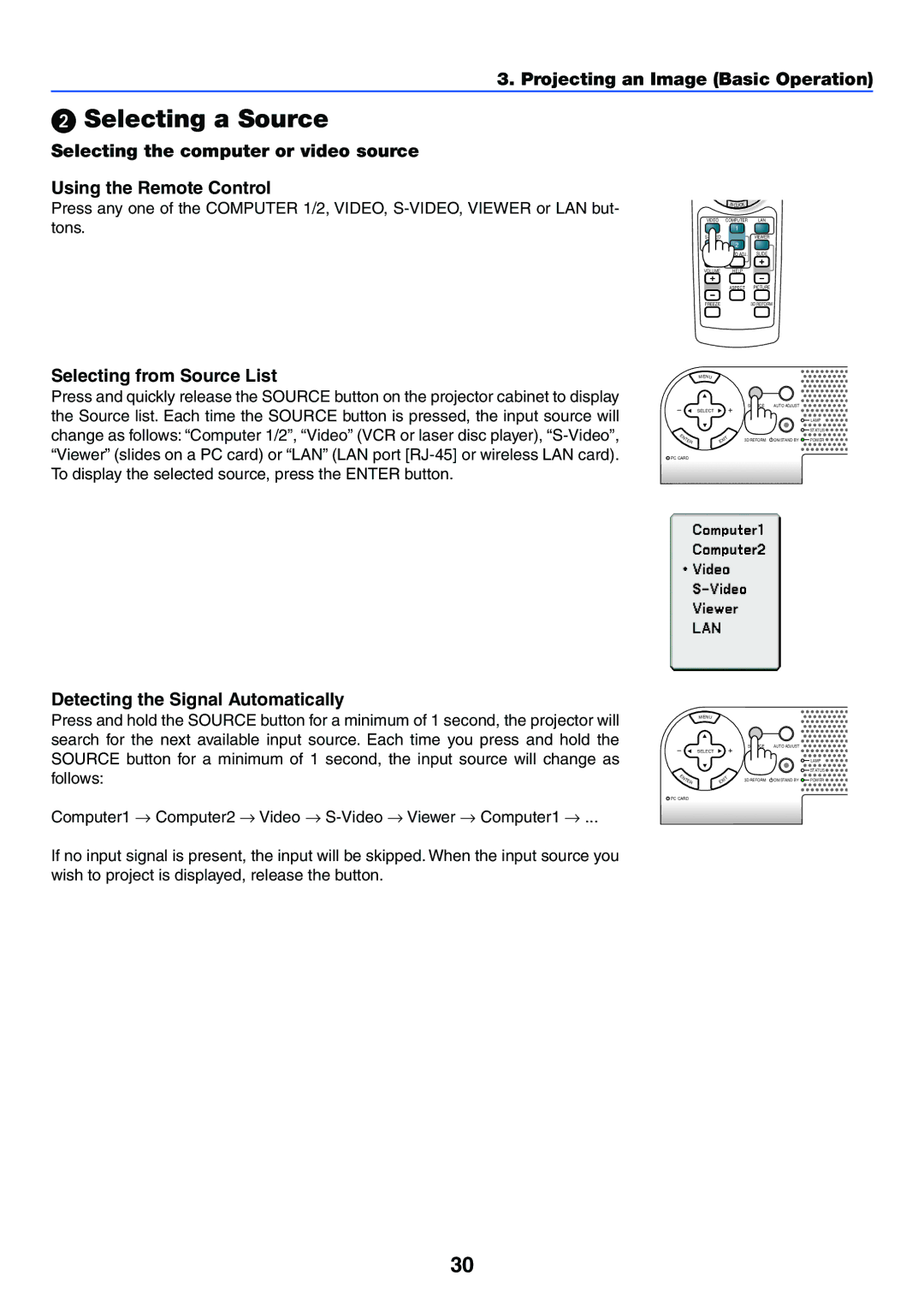 NEC LT245, LT265 manual Selecting a Source, Selecting from Source List, Detecting the Signal Automatically 