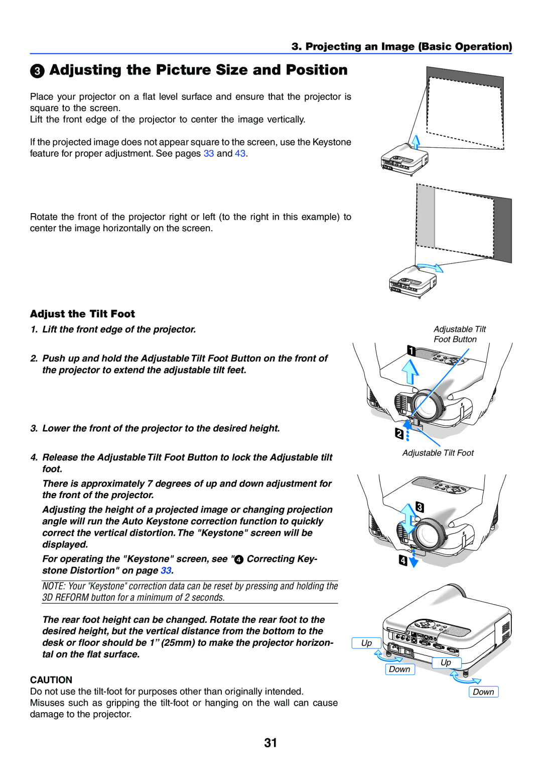 NEC LT265, LT245 manual Adjusting the Picture Size and Position, Adjust the Tilt Foot 