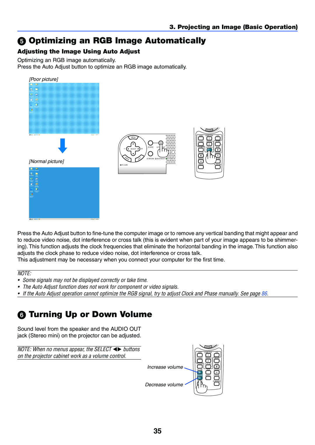 NEC LT265, LT245 Optimizing an RGB Image Automatically, Turning Up or Down Volume, Adjusting the Image Using Auto Adjust 