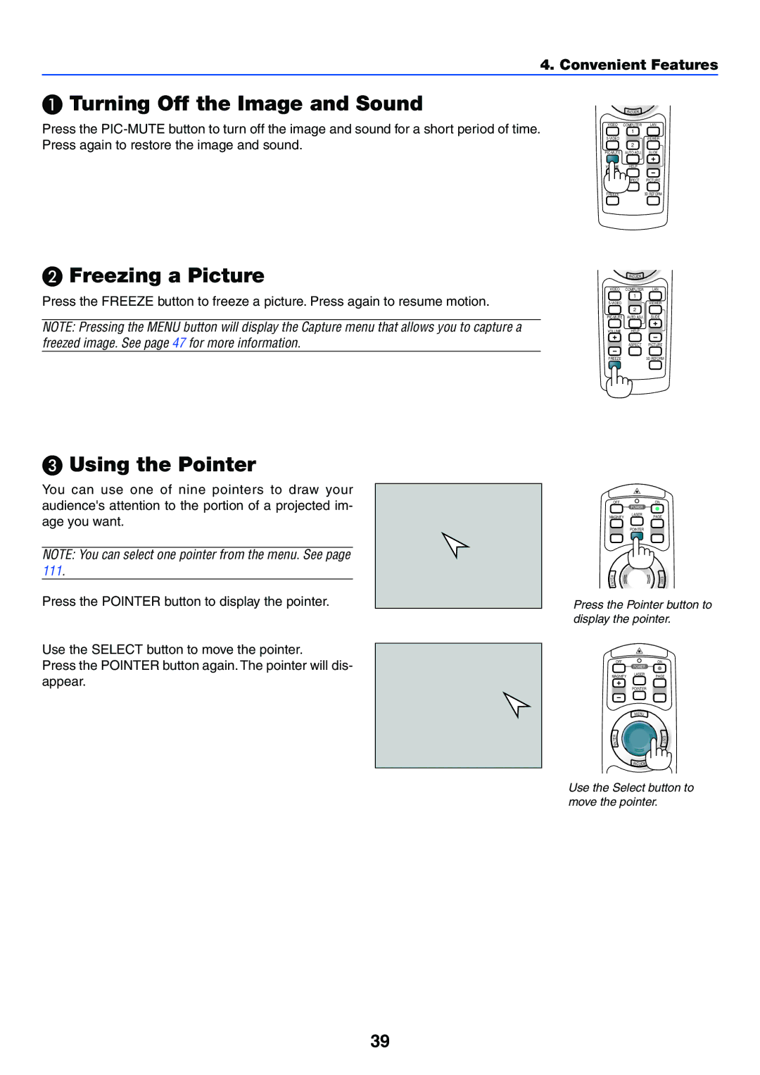 NEC LT265, LT245 manual Turning Off the Image and Sound, Freezing a Picture, Using the Pointer, Convenient Features 