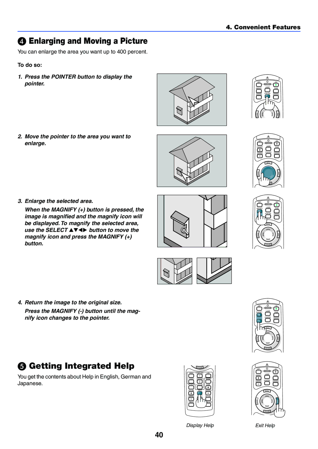 NEC LT245 Enlarging and Moving a Picture, Getting Integrated Help, You can enlarge the area you want up to 400 percent 