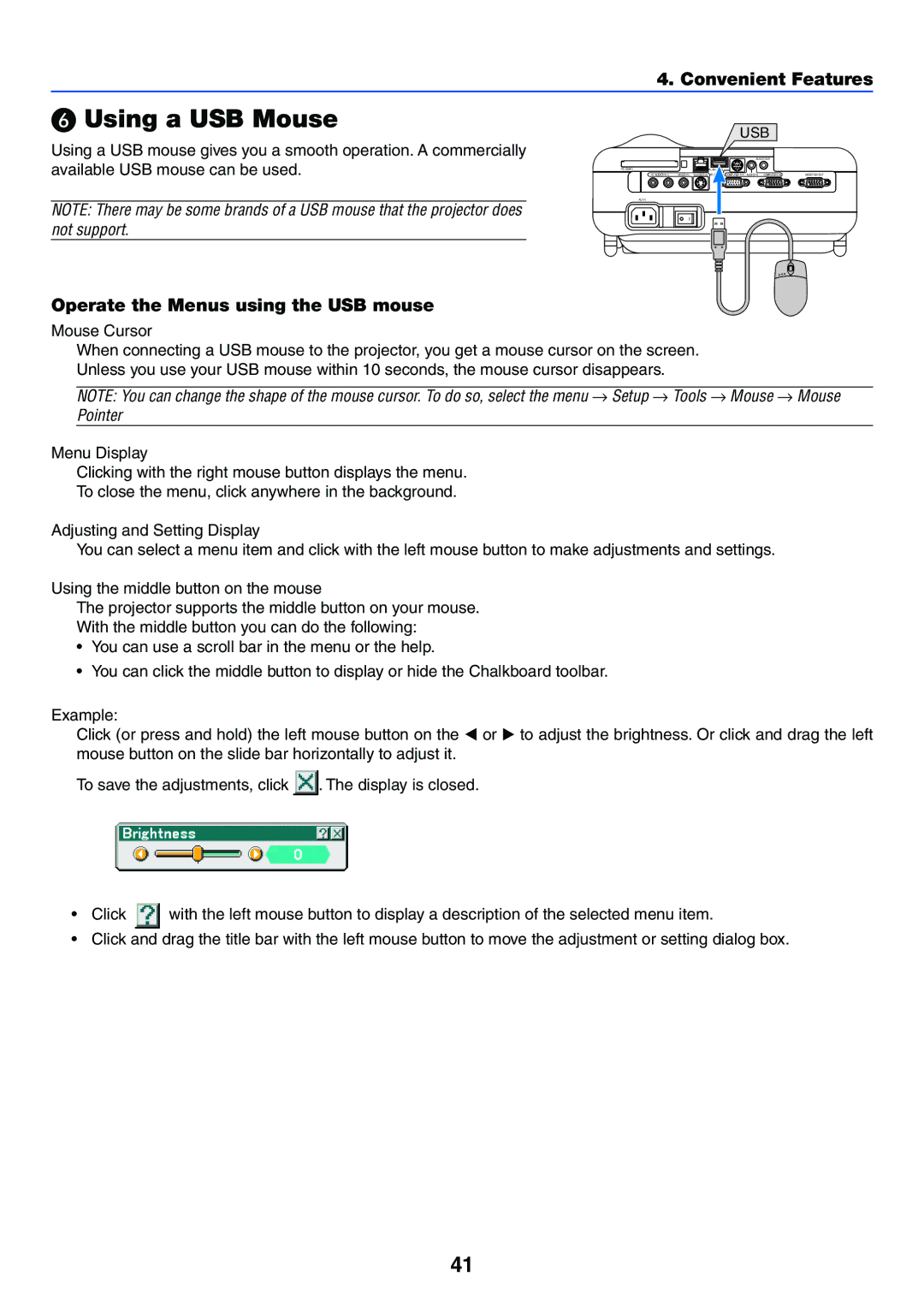 NEC LT265, LT245 manual Using a USB Mouse, Operate the Menus using the USB mouse, Mouse Cursor 