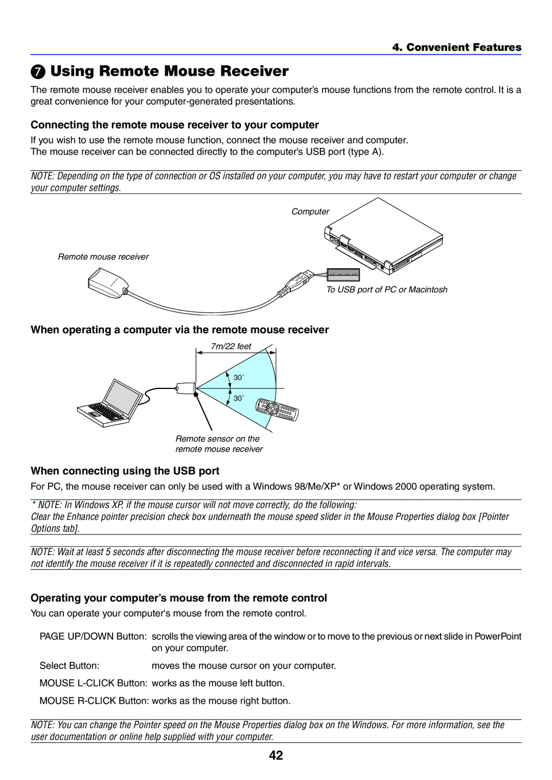 NEC LT245, LT265 manual Using Remote Mouse Receiver, Connecting the remote mouse receiver to your computer 