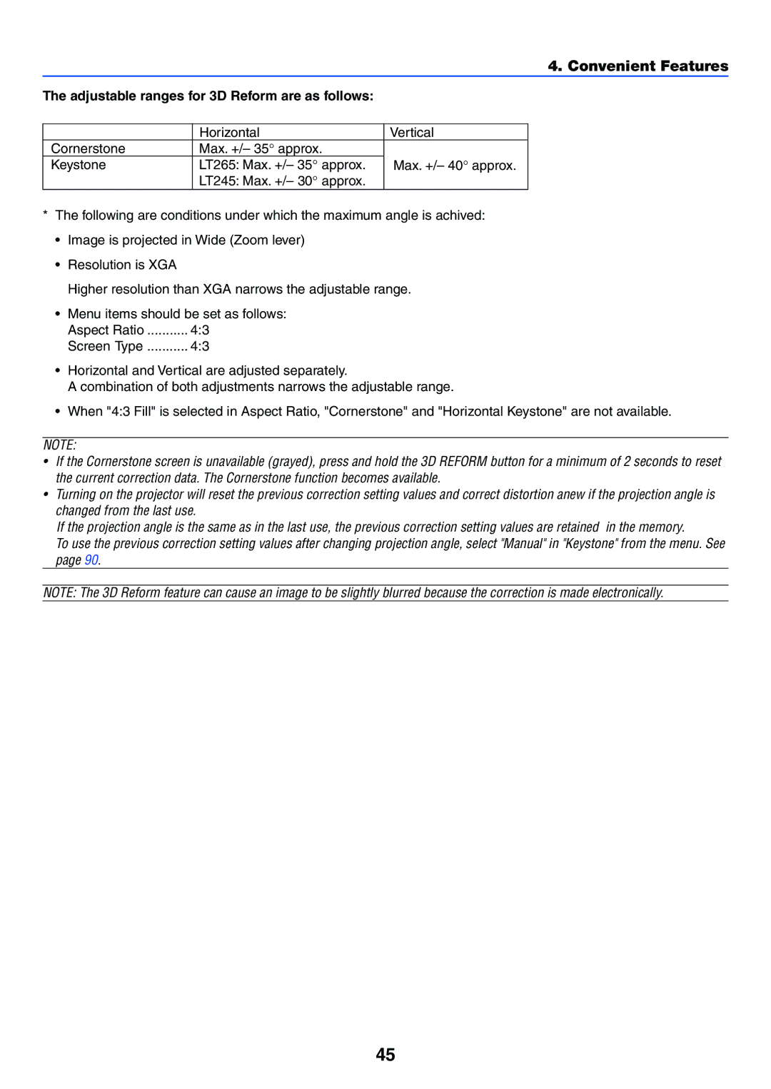 NEC LT265, LT245 manual Adjustable ranges for 3D Reform are as follows 