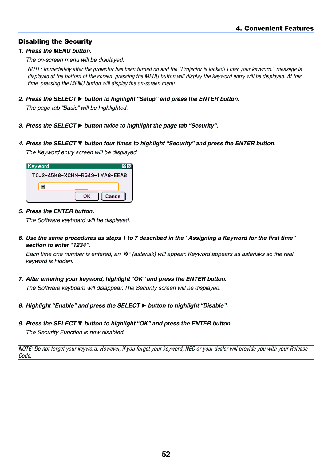 NEC LT245, LT265 manual Convenient Features Disabling the Security 