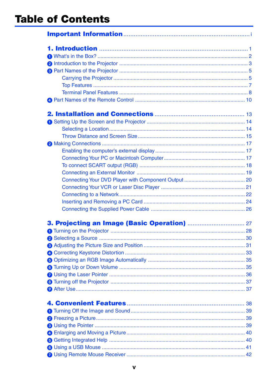 NEC LT265, LT245 manual Table of Contents 