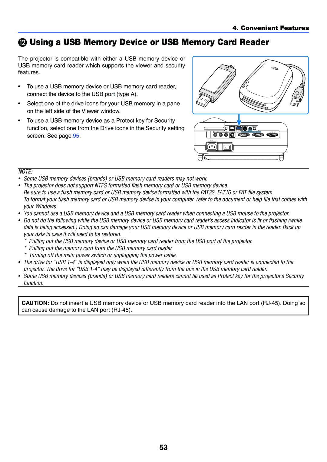 NEC LT265, LT245 manual Using a USB Memory Device or USB Memory Card Reader, Convenient Features 