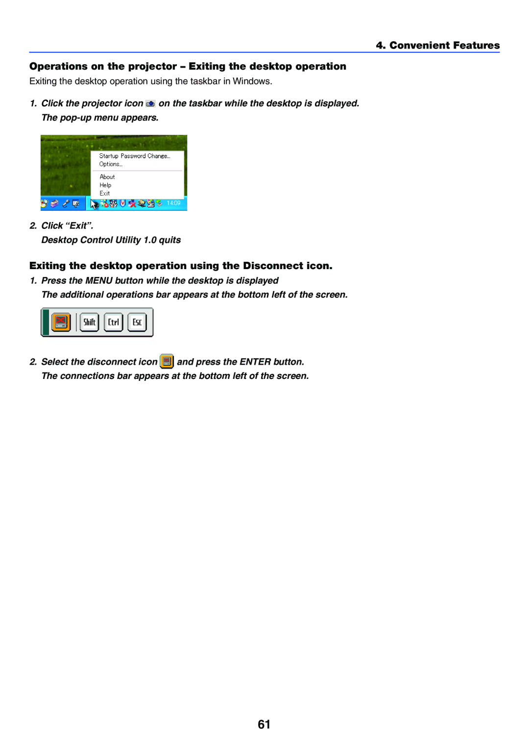 NEC LT265, LT245 manual Exiting the desktop operation using the Disconnect icon 