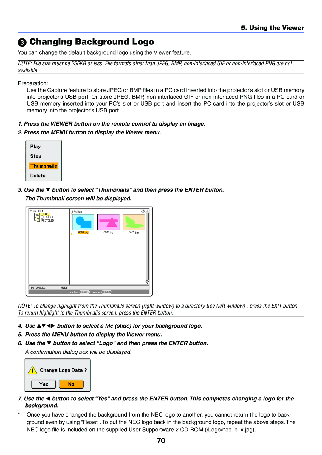 NEC LT245, LT265 manual Changing Background Logo 