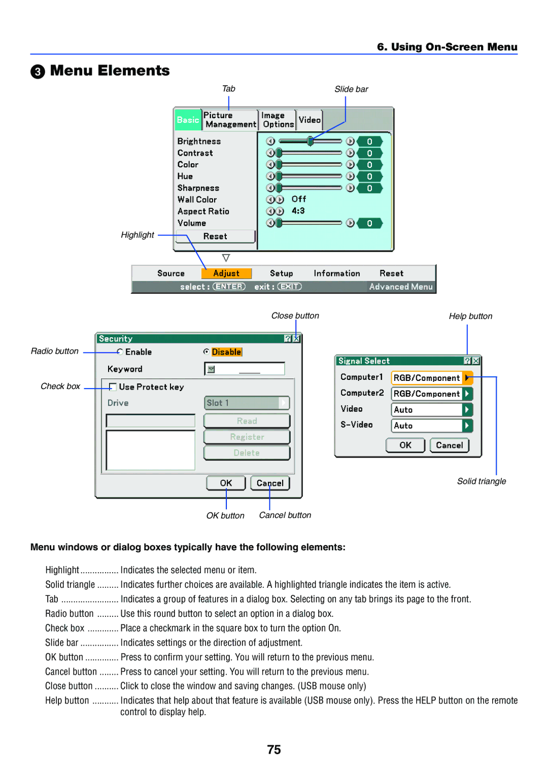 NEC LT265, LT245 manual Menu Elements 