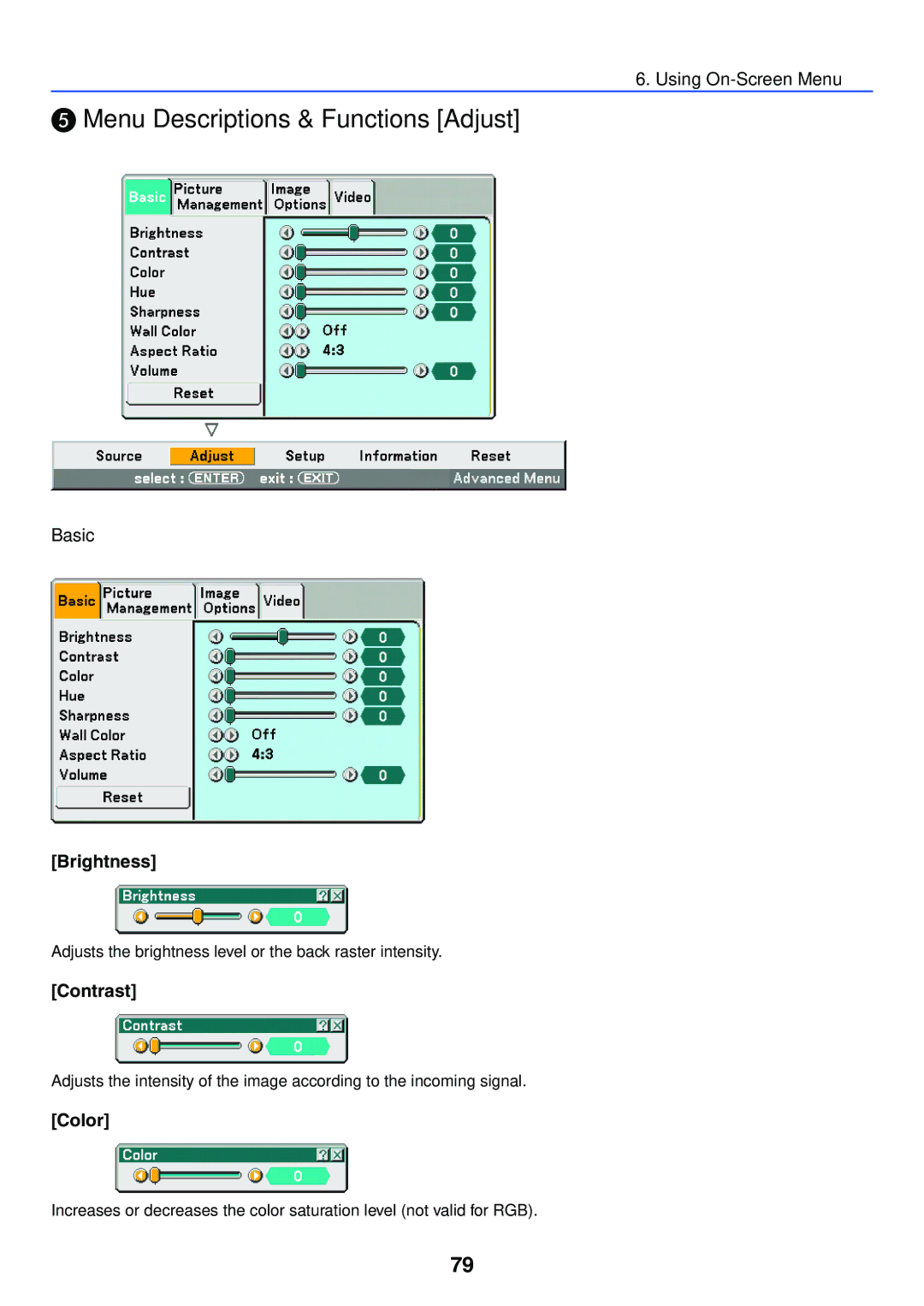 NEC LT265, LT245 manual Menu Descriptions & Functions Adjust, Basic Brightness, Contrast, Color 