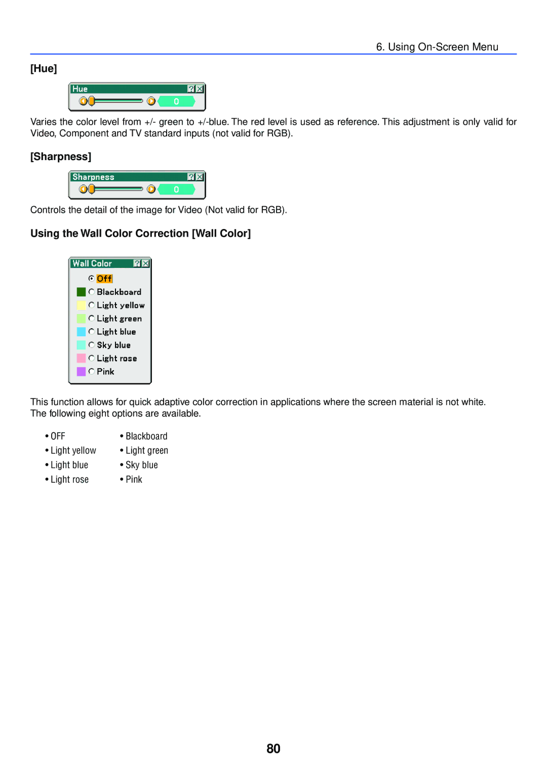 NEC LT245, LT265 manual Using On-Screen Menu Hue, Sharpness, Using the Wall Color Correction Wall Color, Light yellow 