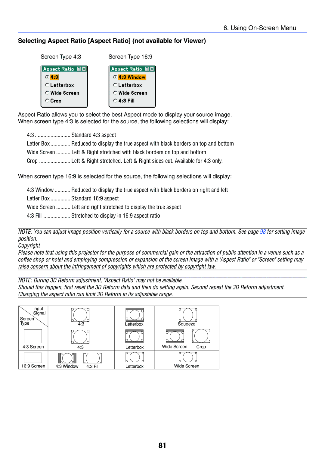 NEC LT265, LT245 manual Left & Right stretched with black borders on top and bottom, Standard 169 aspect 