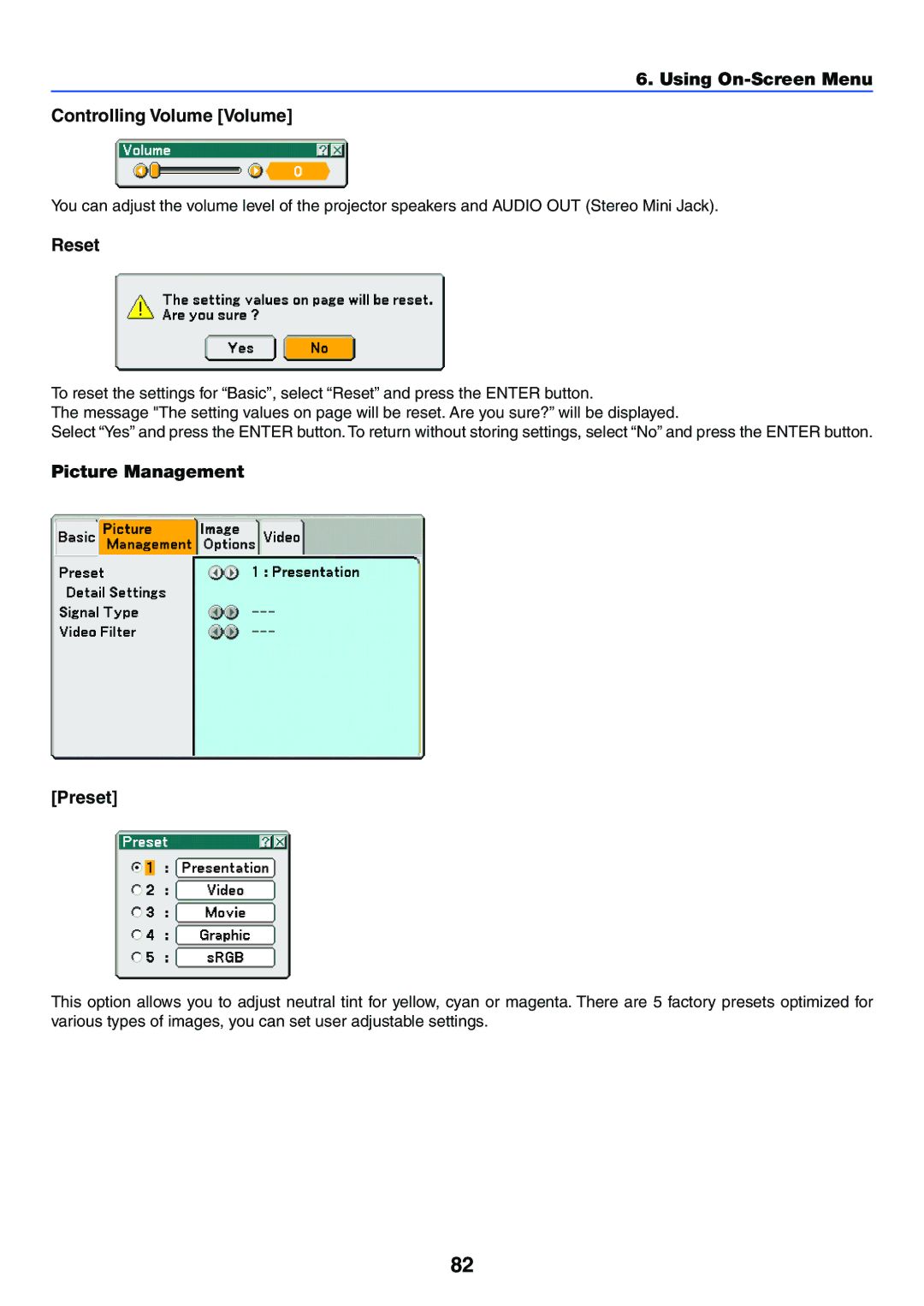 NEC LT245, LT265 manual Using On-Screen Menu Controlling Volume Volume, Reset, Picture Management Preset 