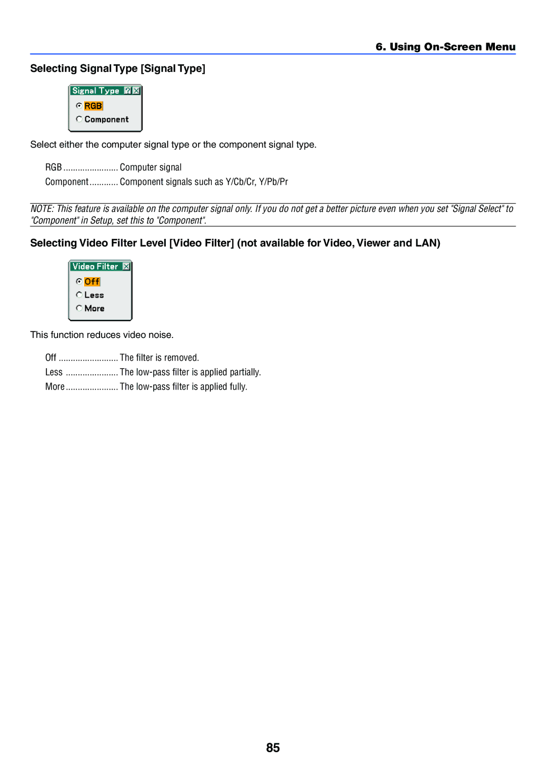 NEC LT265, LT245 manual Using On-Screen Menu Selecting Signal Type Signal Type, Computer signal 