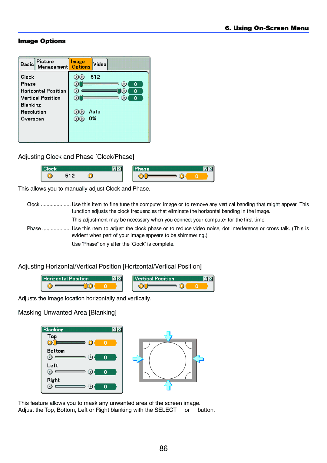 NEC LT245, LT265 Masking Unwanted Area Blanking, This allows you to manually adjust Clock and Phase 